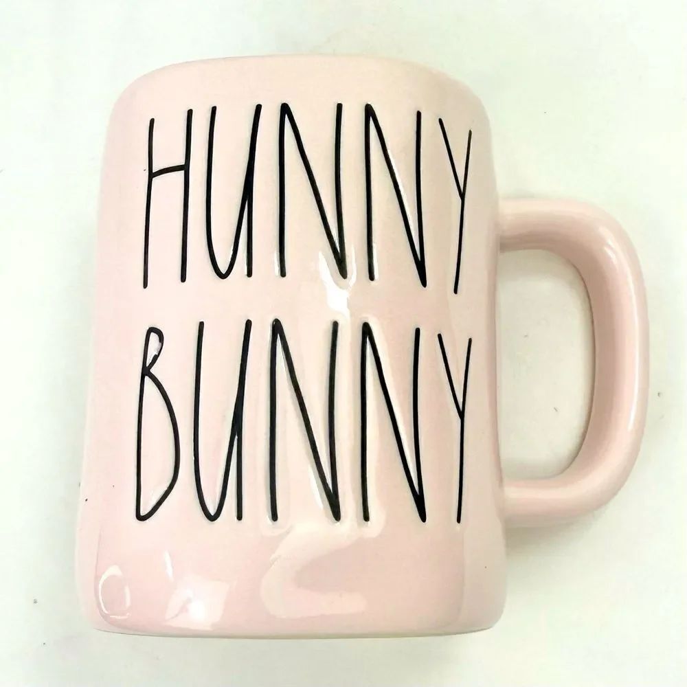 Rae Dunn Pink Black Signature Lettering Hunny Bunny Ceramic Coffee Tea Mug